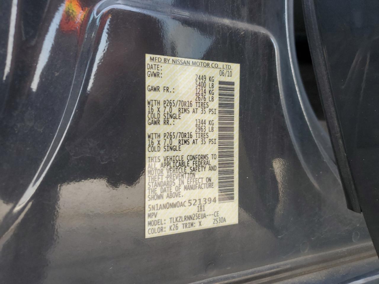 2010 Nissan Xterra Off Road VIN: 5N1AN0NW0AC521394 Lot: 63419175