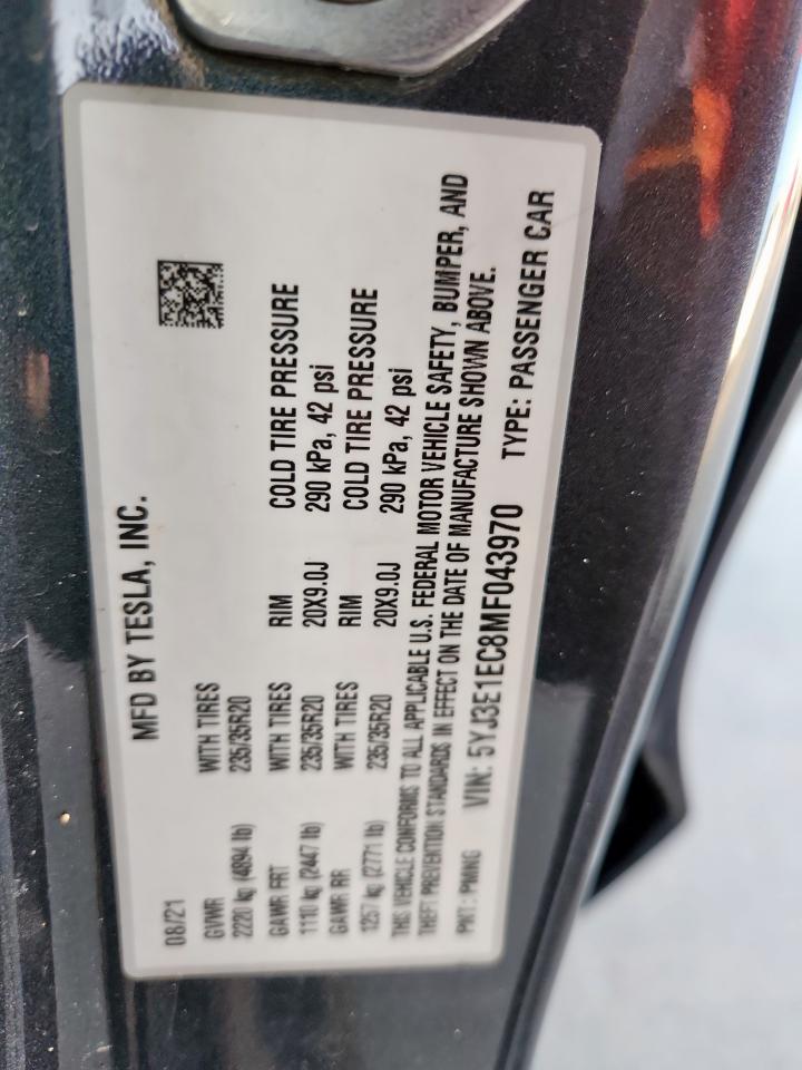 2021 Tesla Model 3 VIN: 5YJ3E1EC8MF043970 Lot: 63484075