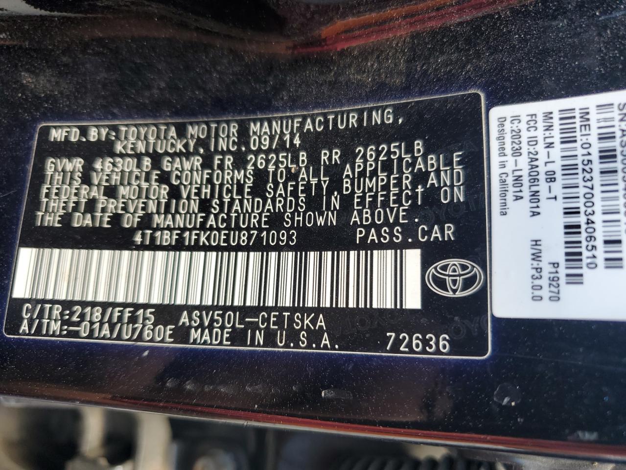 2014 Toyota Camry L VIN: 4T1BF1FK0EU871093 Lot: 64730705