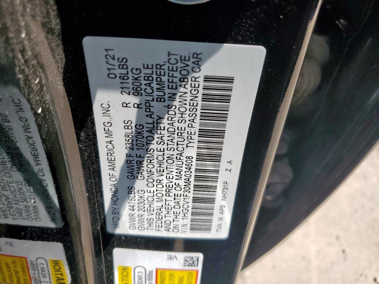2021 Honda Accord Sport VIN: 1HGCV1F30MA034608 Lot: 64181185