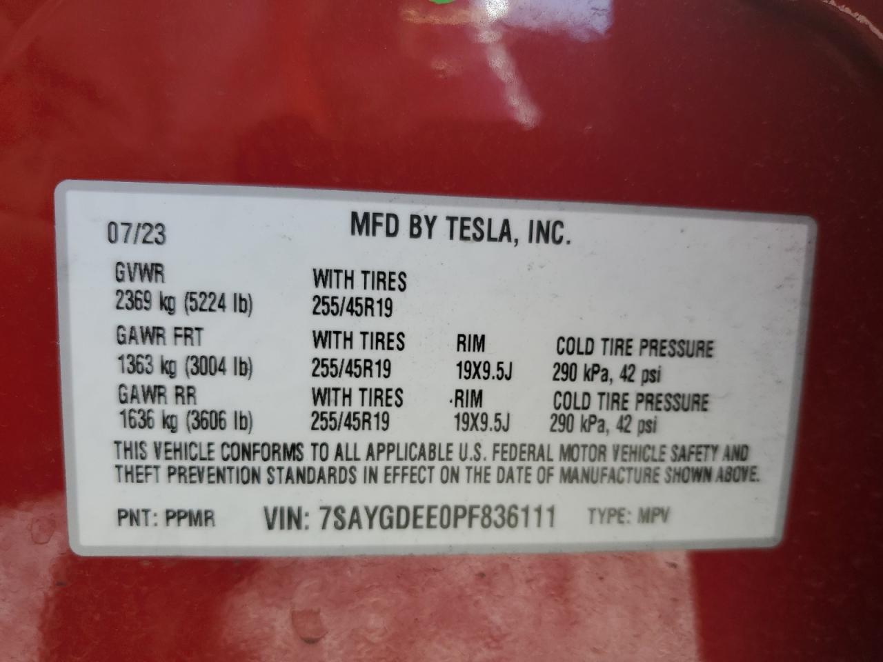 2023 Tesla Model Y VIN: 7SAYGDEE0PF836111 Lot: 62184755