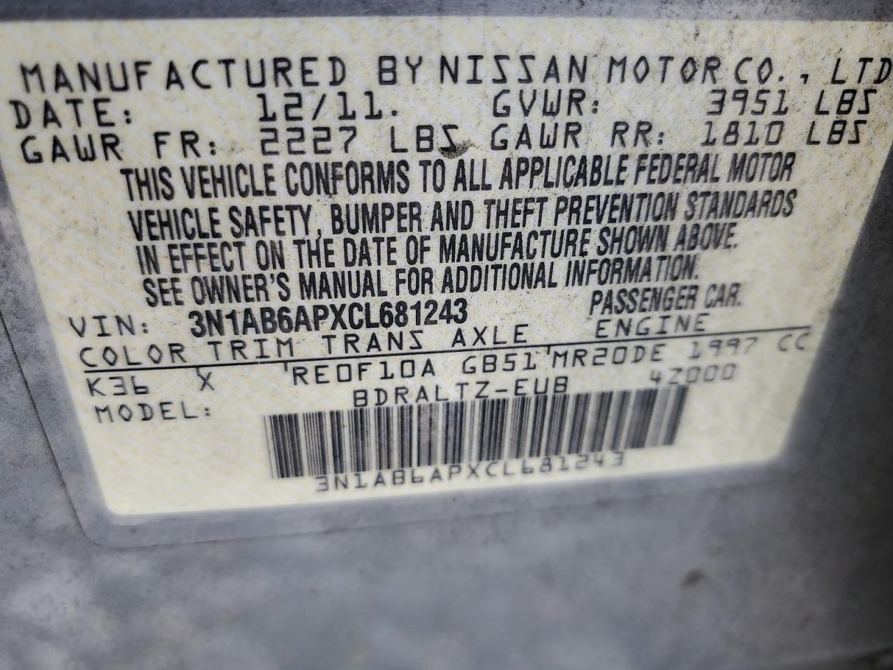 2012 Nissan Sentra 2.0 VIN: 3N1AB6APXCL681243 Lot: 65150115