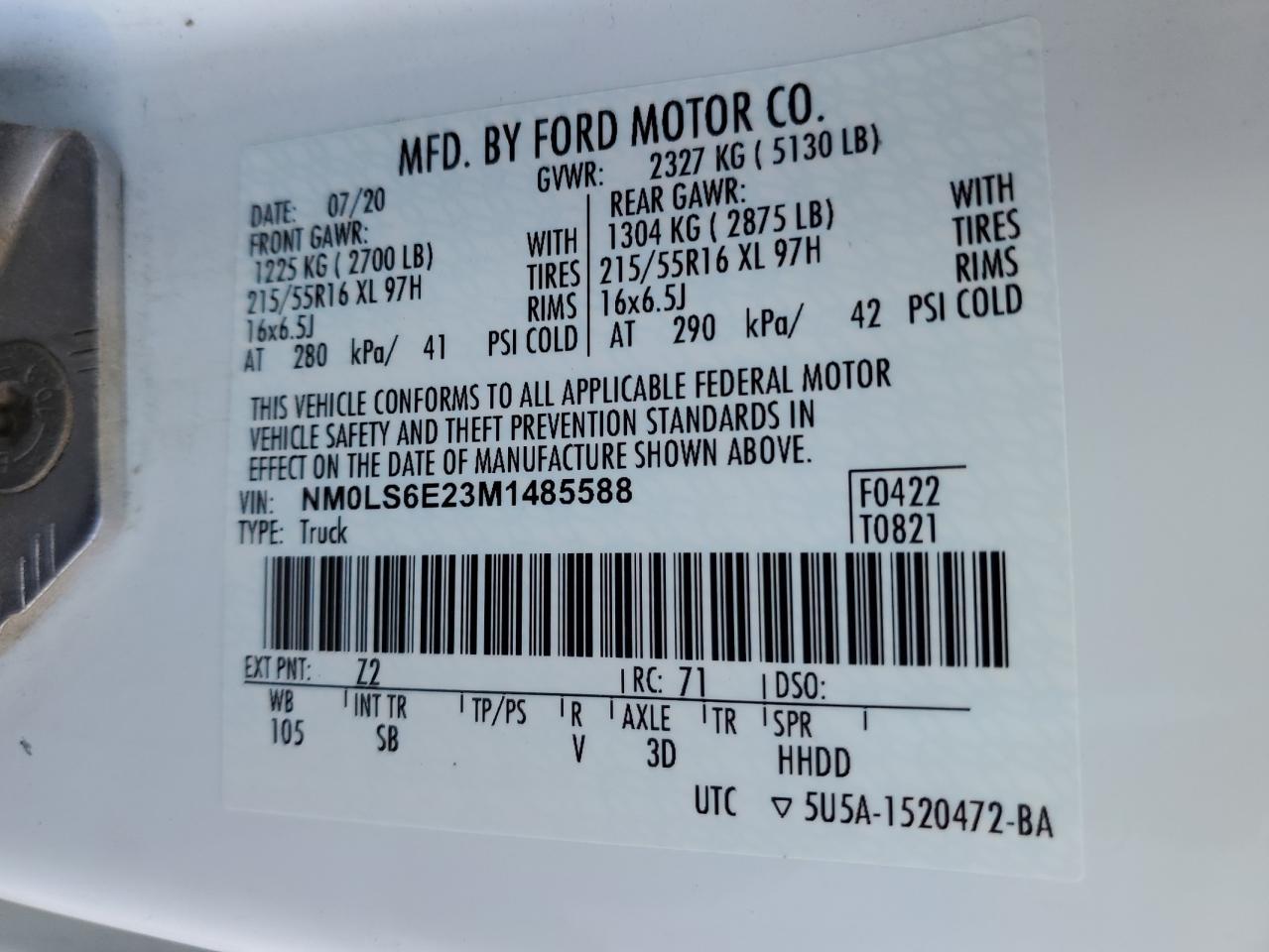 2021 Ford Transit Connect Xl VIN: NM0LS6E23M1485588 Lot: 63800765