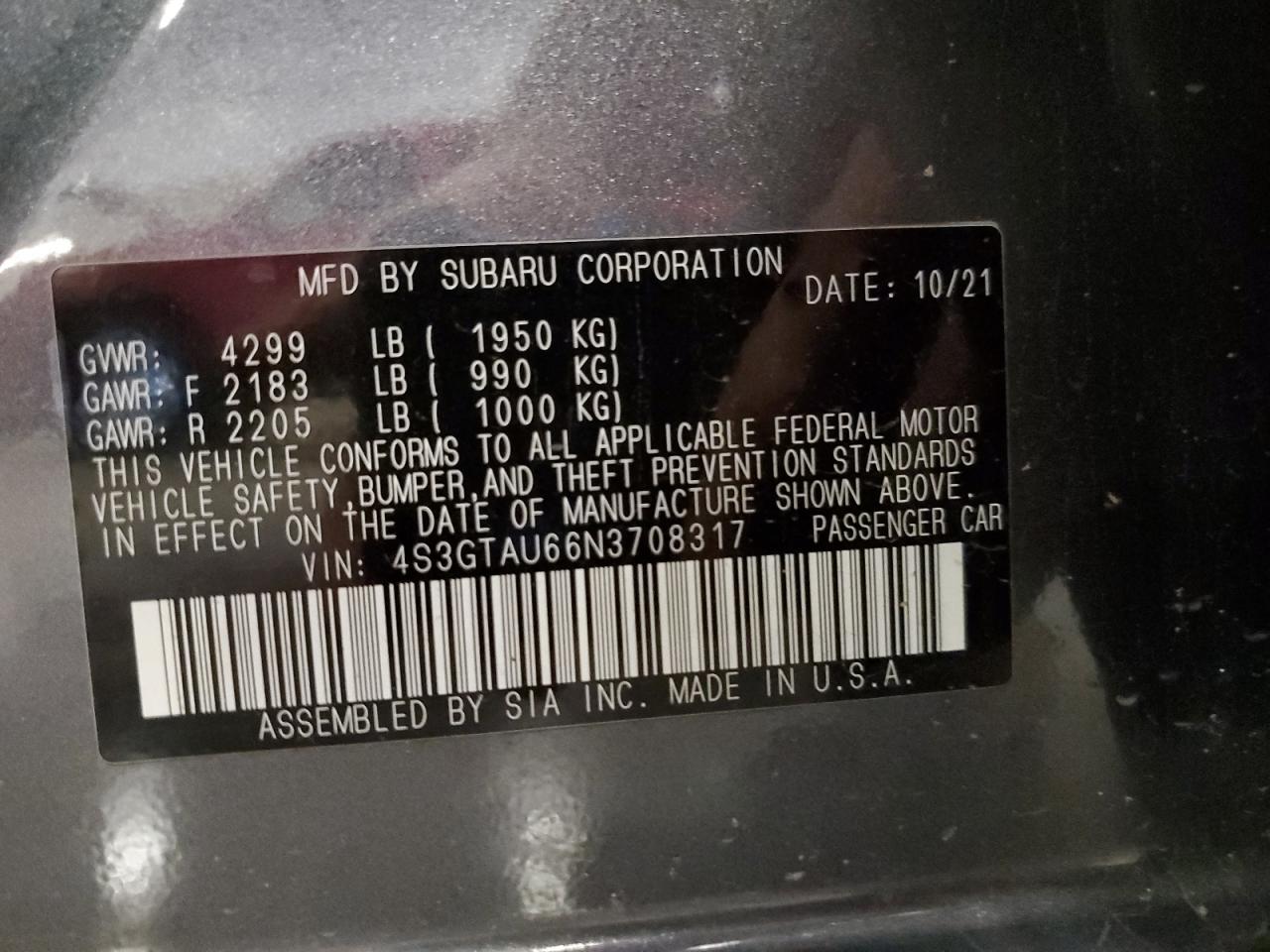 2022 Subaru Impreza Limited VIN: 4S3GTAU66N3708317 Lot: 64123085