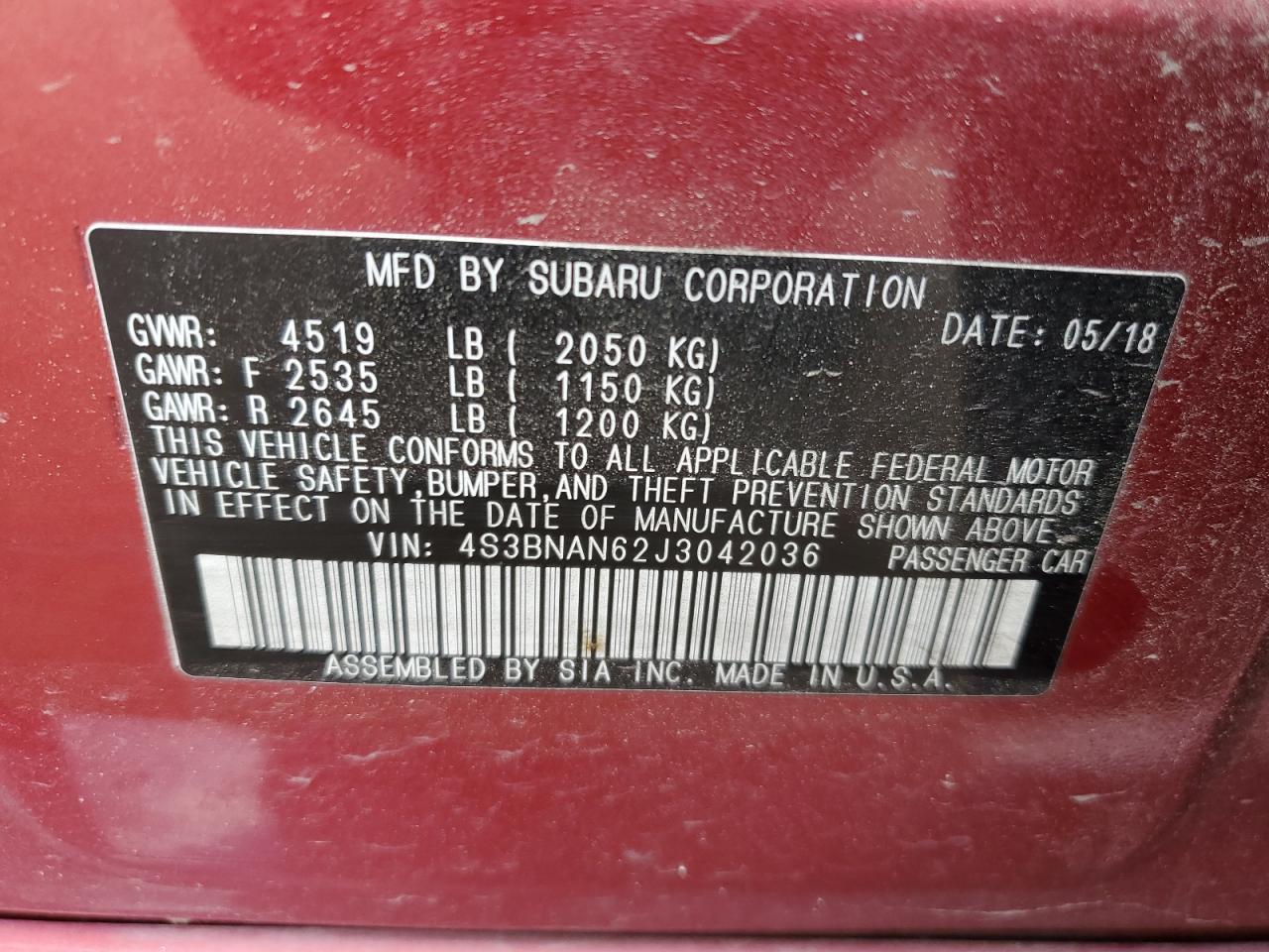 2018 Subaru Legacy 2.5I Limited VIN: 4S3BNAN62J3042036 Lot: 63701775