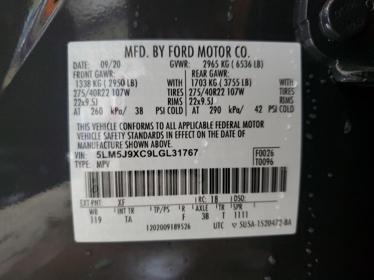 2020 Lincoln Aviator Black Label VIN: 5LM5J9XC9LGL31767 Lot: 64593455