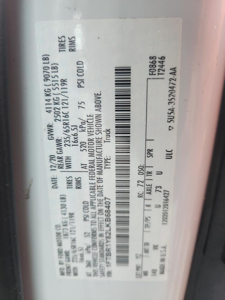 2020 Ford Transit T-250 VIN: 1FTBR1Y82LKB68407 Lot: 63432855