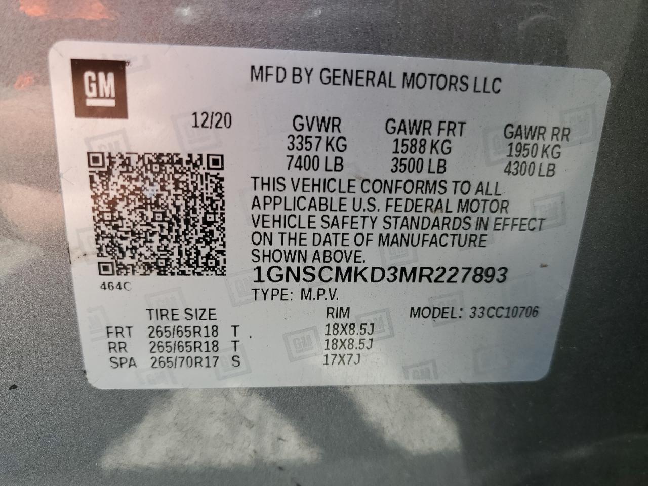 2021 Chevrolet Tahoe C1500 Ls VIN: 1GNSCMKD3MR227893 Lot: 65713735