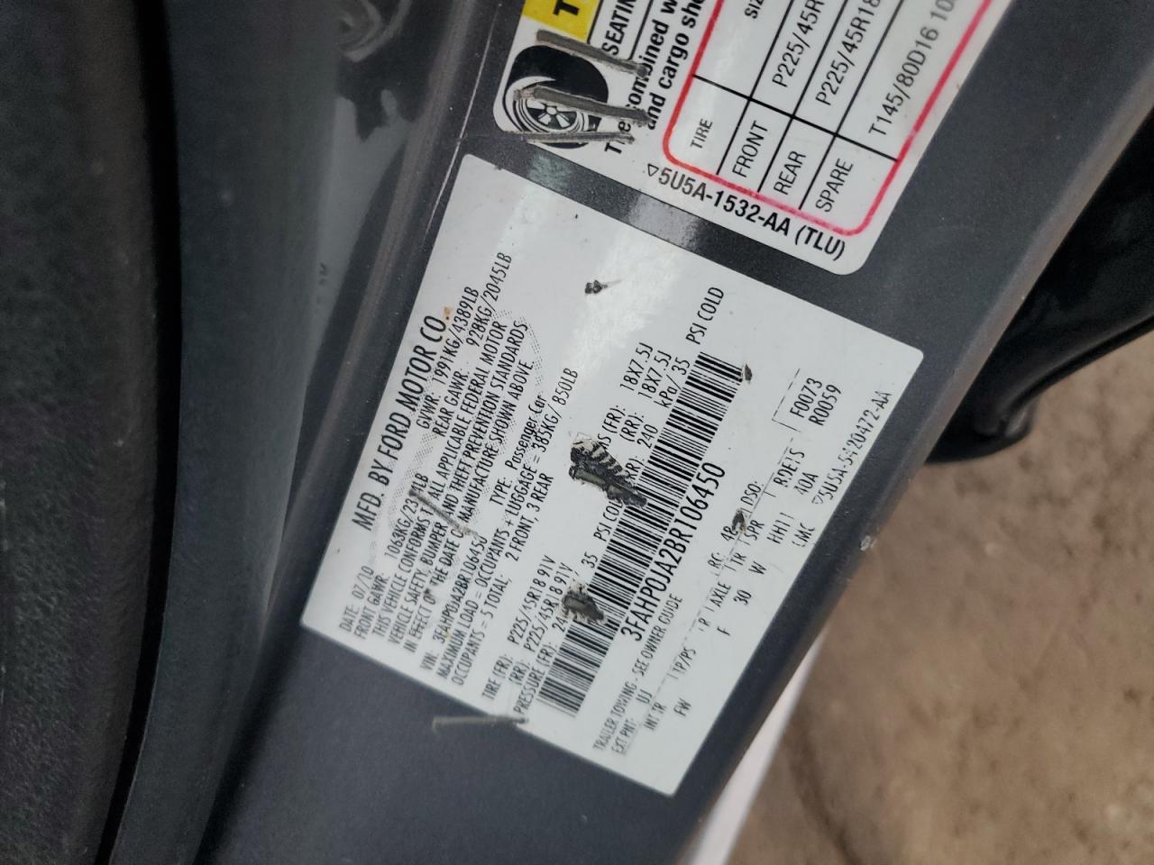 2011 Ford Fusion Sel VIN: 3FAHP0JA2BR106450 Lot: 64724845