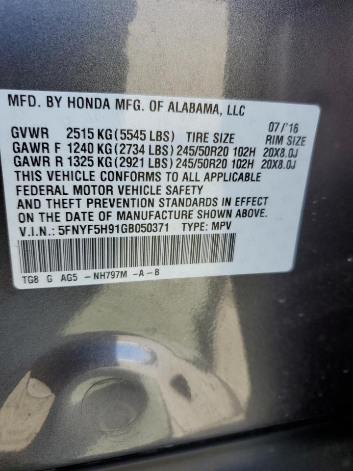2016 Honda Pilot Touring VIN: 5FNYF5H91GB050371 Lot: 63069245