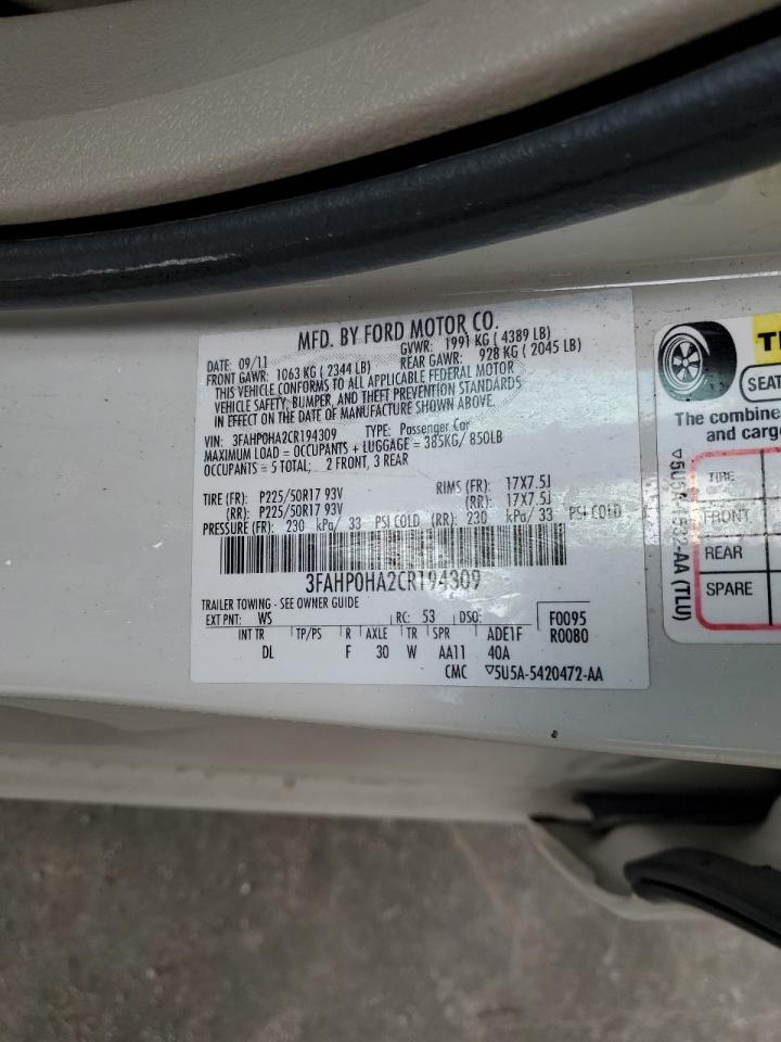 2012 Ford Fusion Se VIN: 3FAHP0HA2CR194309 Lot: 64584345