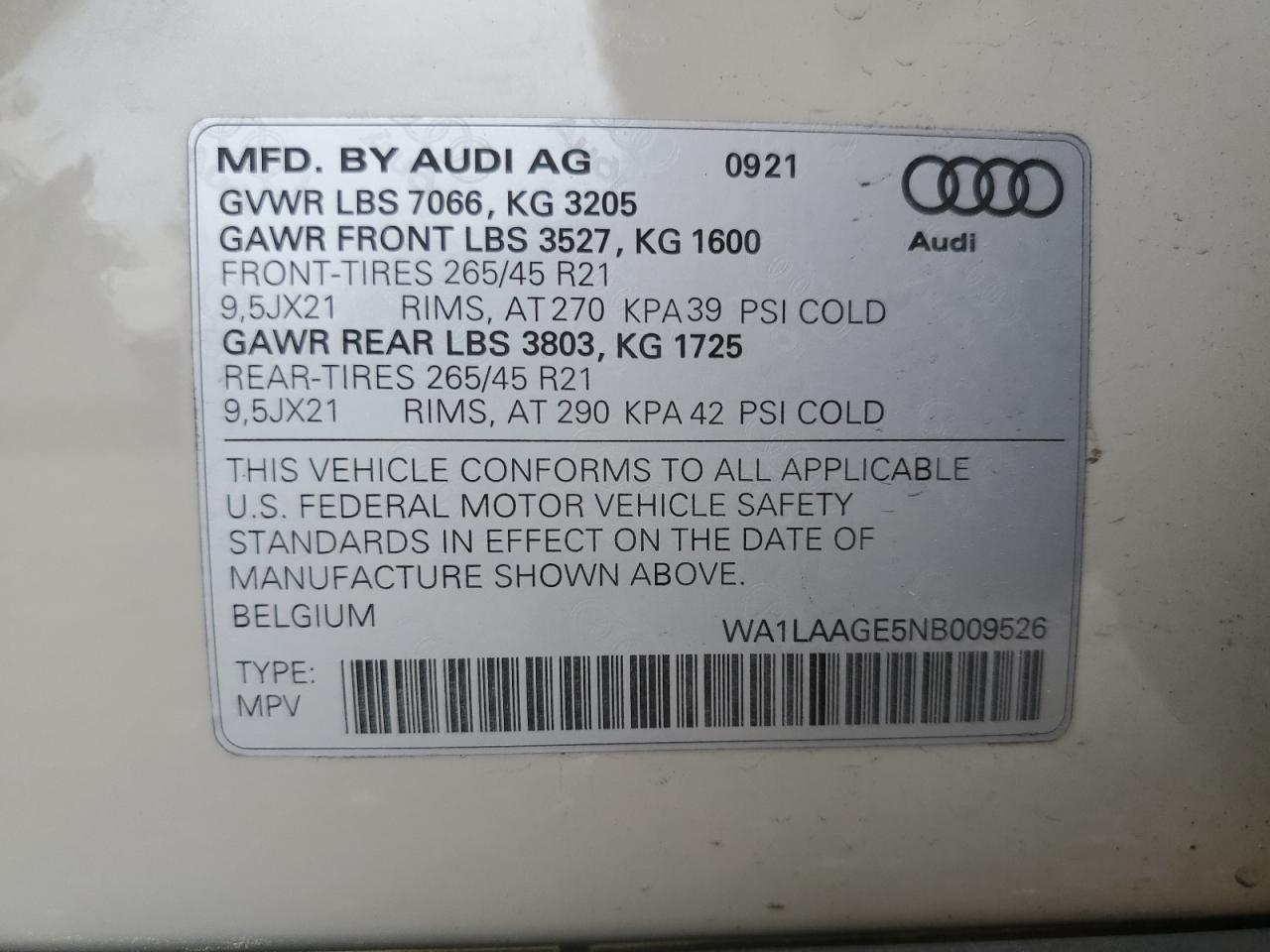 2022 Audi E-Tron Premium Plus VIN: WA1LAAGE5NB009526 Lot: 63073355