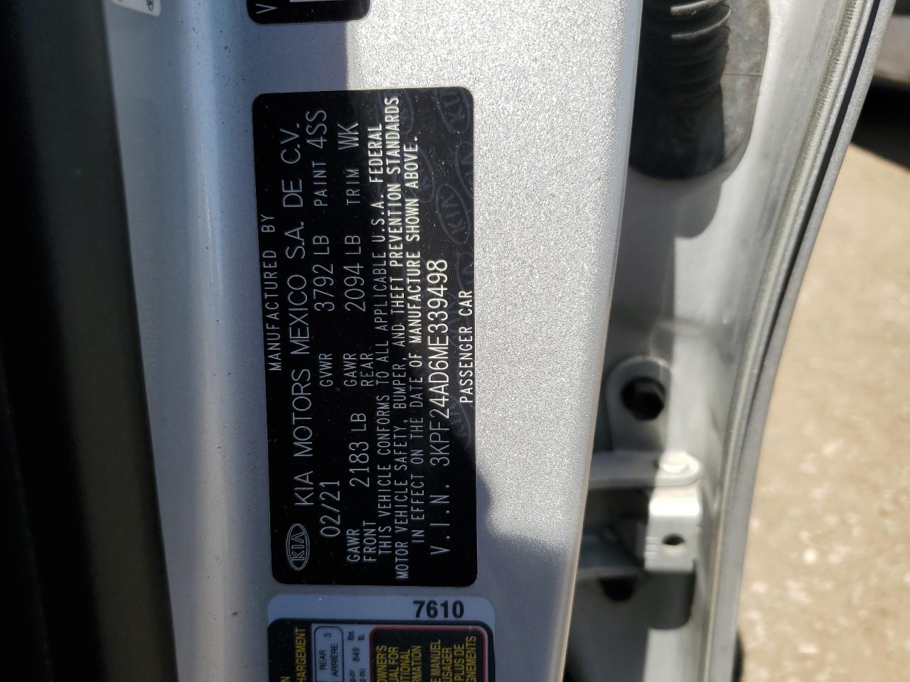 2021 Kia Forte Fe VIN: 3KPF24AD6ME339498 Lot: 62781005