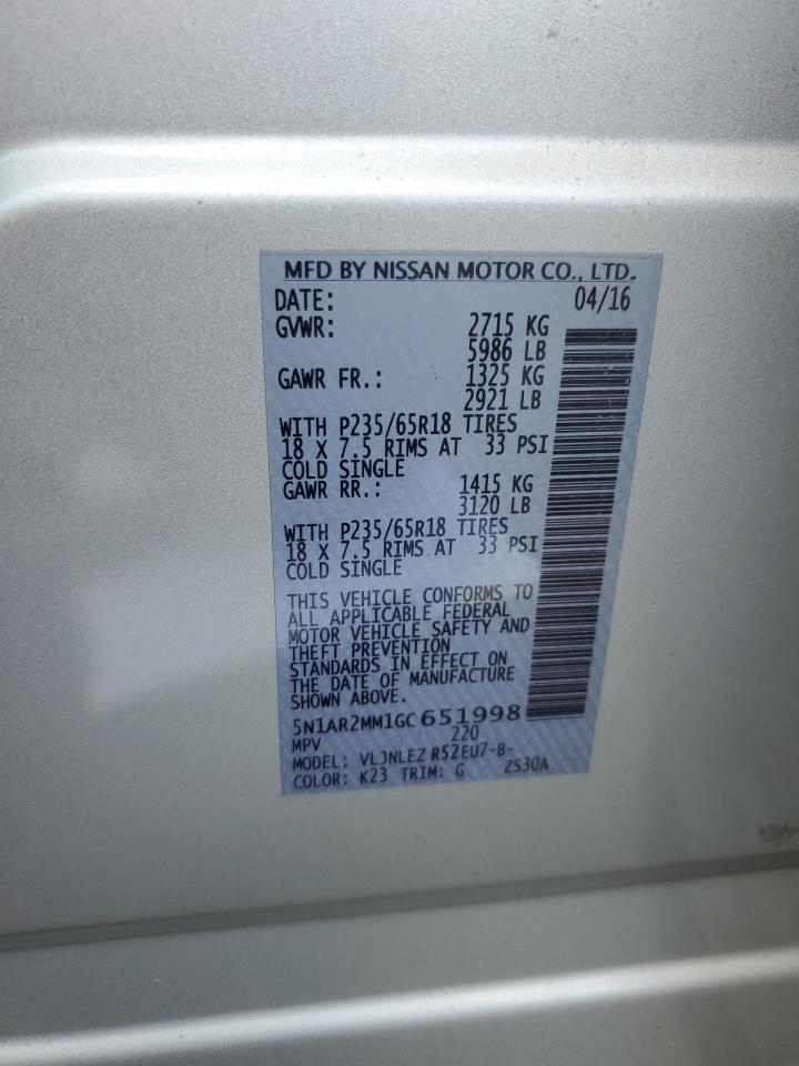 2016 Nissan Pathfinder S VIN: 5N1AR2MM1GC651998 Lot: 66438465