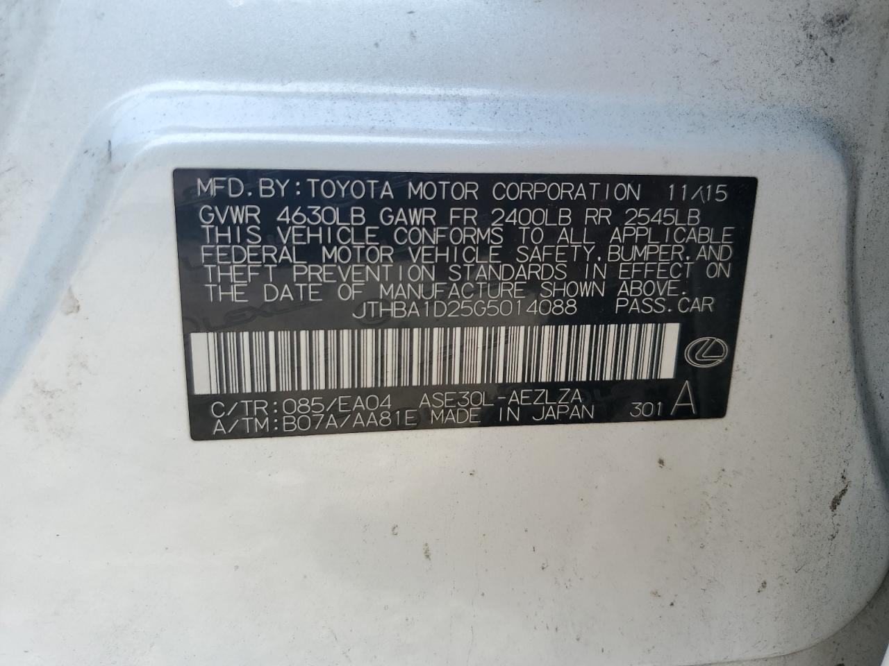 2016 Lexus Is 200T VIN: JTHBA1D25G5014088 Lot: 64833795