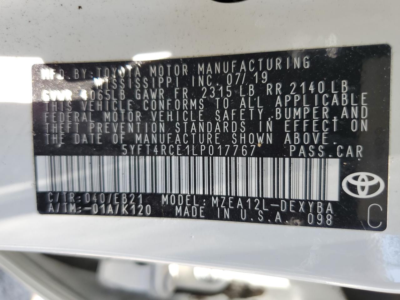 5YFT4RCE1LP017767 2020 Toyota Corolla Xse