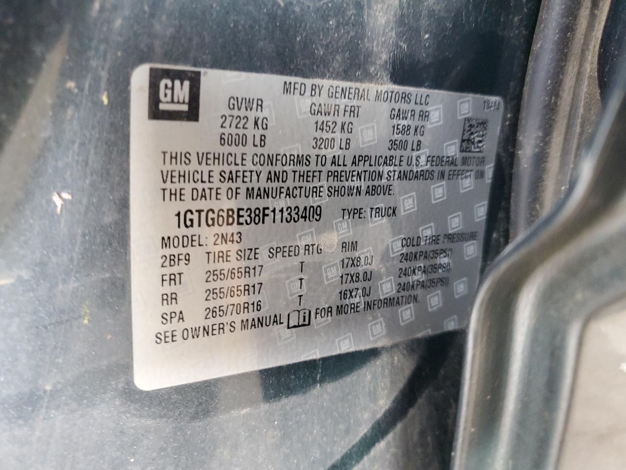 2015 GMC Canyon Sle VIN: 1GTG6BE38F1133409 Lot: 64590355