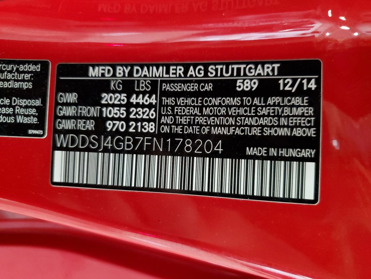 2015 Mercedes-Benz Cla 250 4Matic VIN: WDDSJ4GB7FN178204 Lot: 64366595