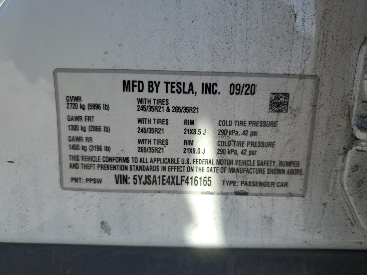 2020 Tesla Model S VIN: 5YJSA1E4XLF416165 Lot: 64854955