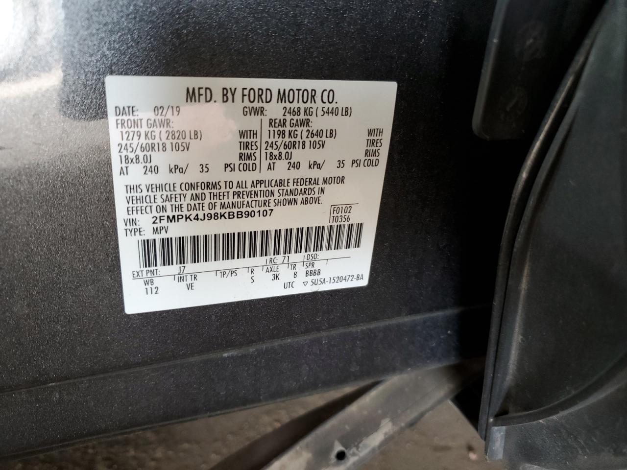 2019 Ford Edge Sel VIN: 2FMPK4J98KBB90107 Lot: 64200195