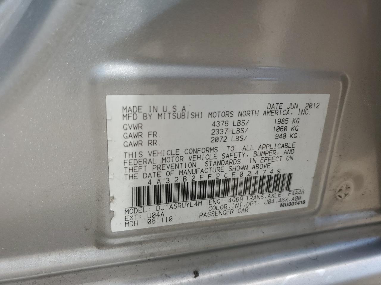 2012 Mitsubishi Galant Fe VIN: 4A32B2FF2CE024749 Lot: 63796895