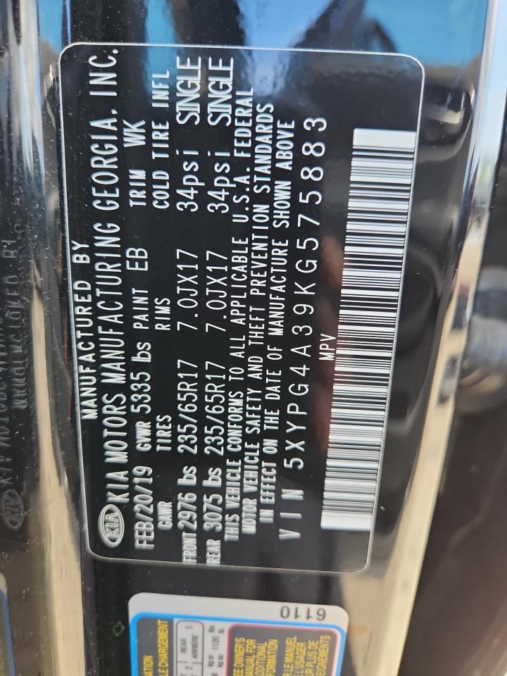2019 Kia Sorento L VIN: 5XYPG4A39KG575883 Lot: 64233965