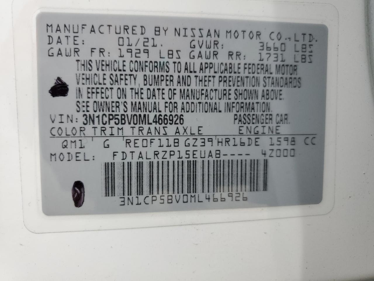 2021 Nissan Kicks S VIN: 3N1CP5BV0ML466926 Lot: 62561685