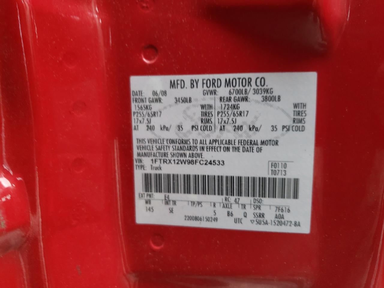 2008 Ford F150 VIN: 1FTRX12W98FC24533 Lot: 61583605