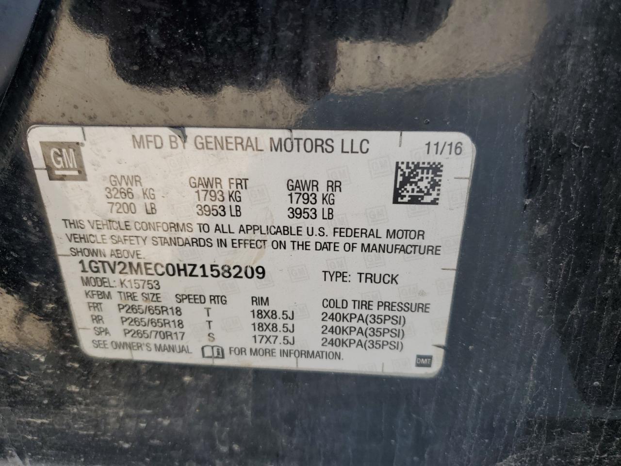 2017 GMC Sierra K1500 Sle VIN: 1GTV2MEC0HZ158209 Lot: 64946885