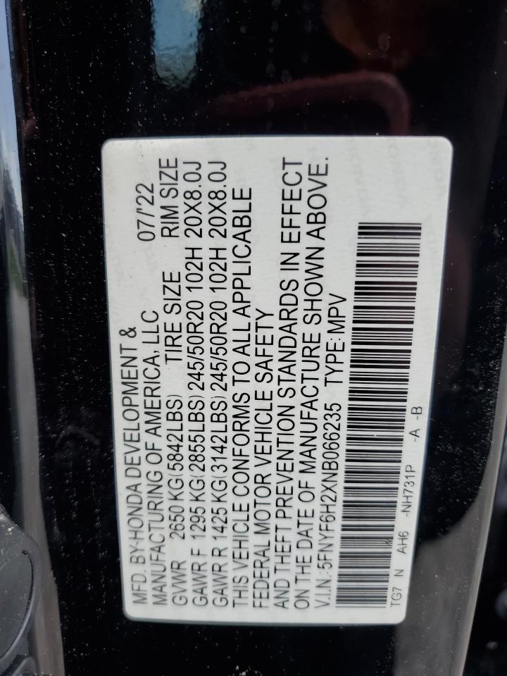 2022 Honda Pilot Se VIN: 5FNYF6H2XNB066235 Lot: 63158985