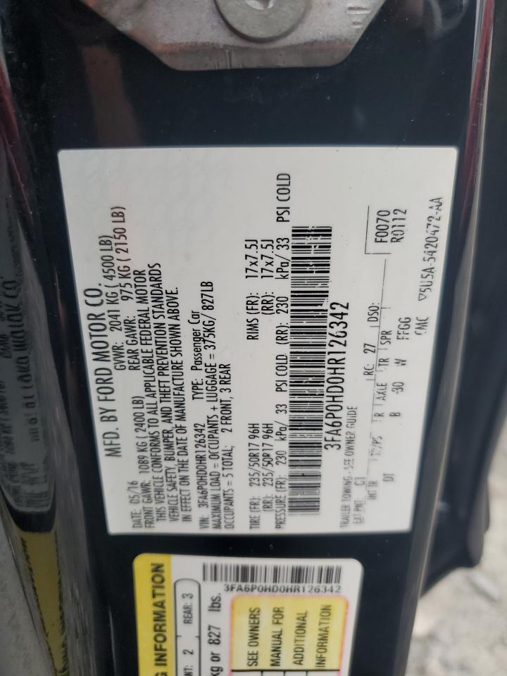2017 Ford Fusion Se VIN: 3FA6P0HD0HR126342 Lot: 65223185