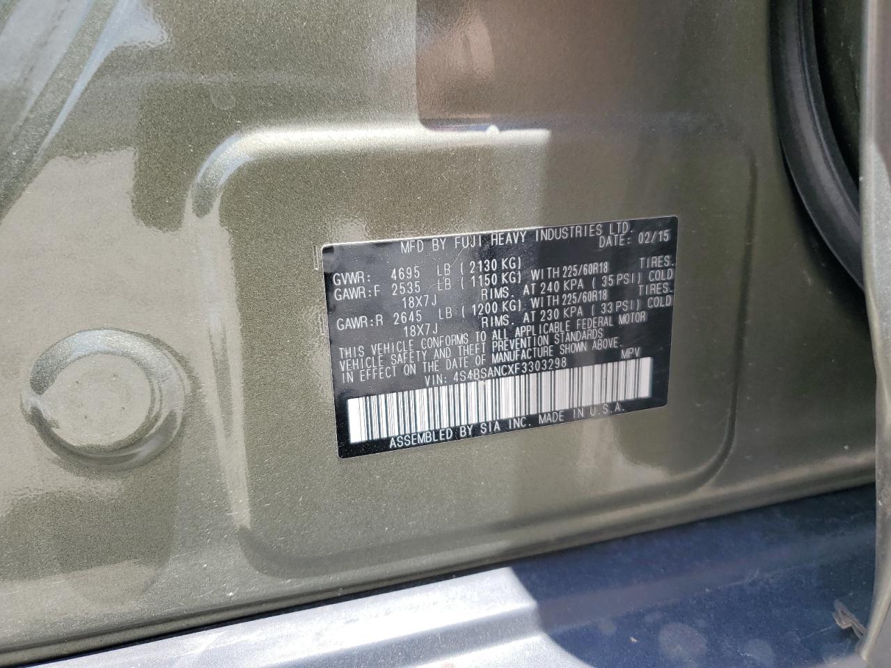 2015 Subaru Outback 2.5I Limited VIN: 4S4BSANCXF3303298 Lot: 64109345