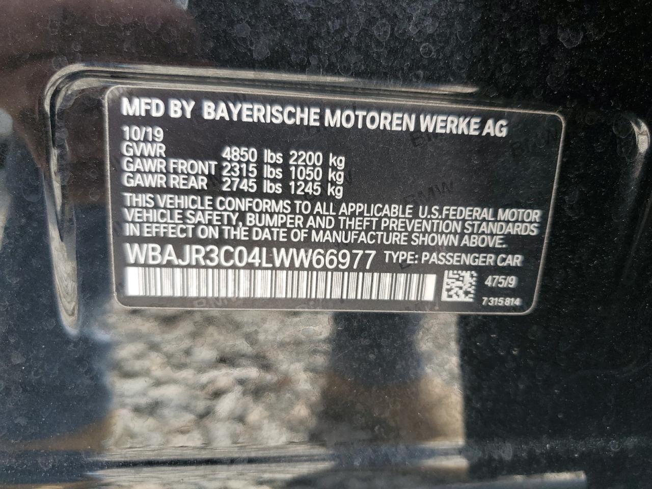 2020 BMW 530 I VIN: WBAJR3C04LWW66977 Lot: 64849245