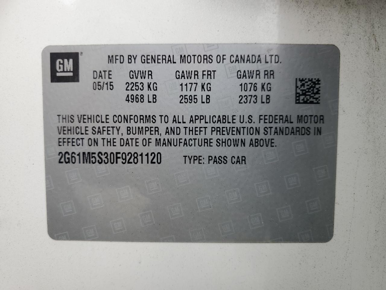 2015 Cadillac Xts Luxury Collection VIN: 2G61M5S30F9281120 Lot: 65727895