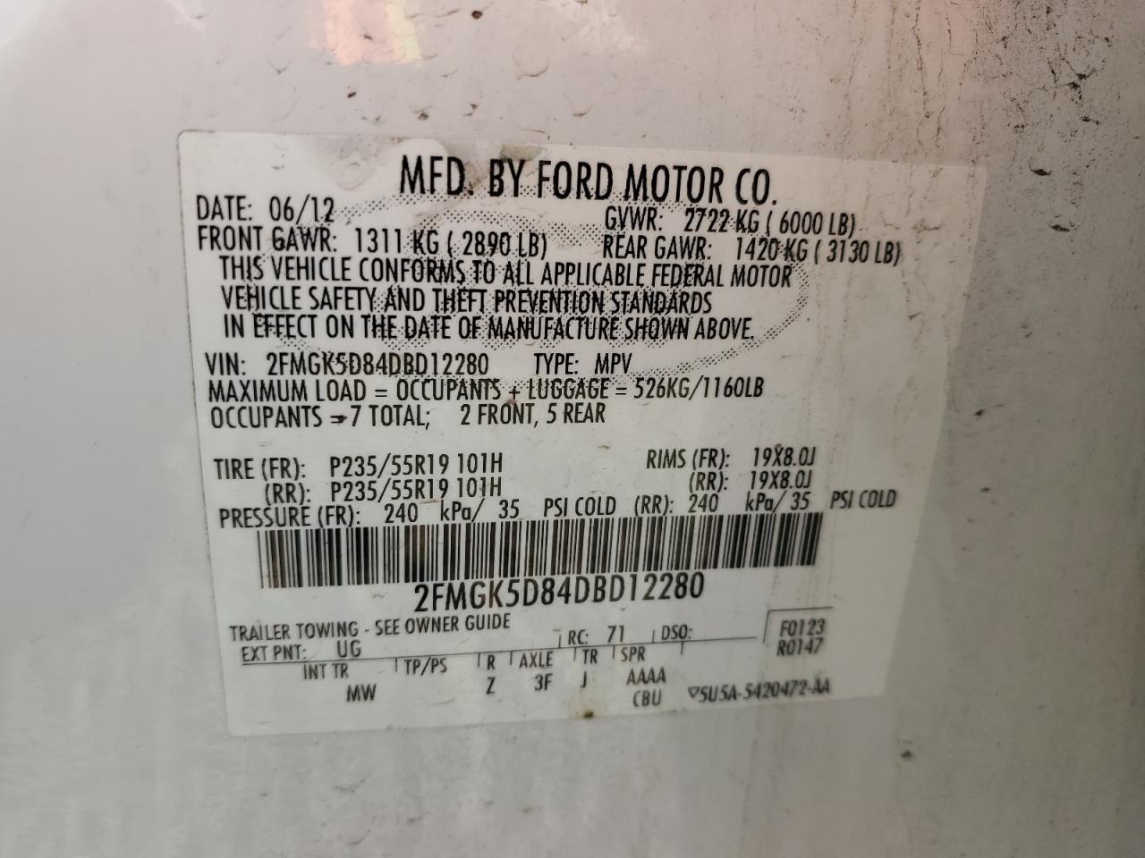 2013 Ford Flex Limited VIN: 2FMGK5D84DBD12280 Lot: 64701785
