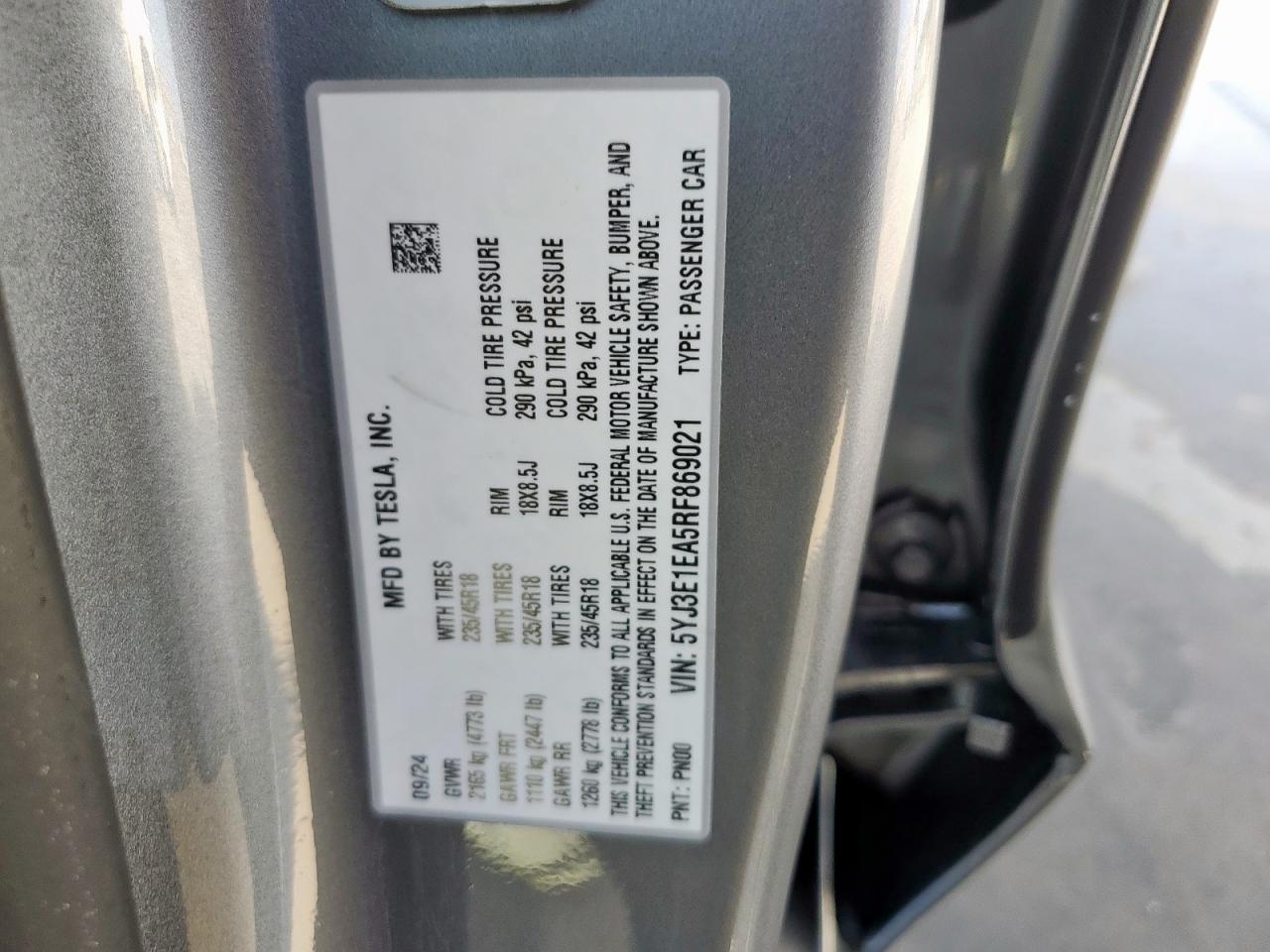2024 Tesla Model 3 VIN: 5YJ3E1EA5RF869021 Lot: 64257285