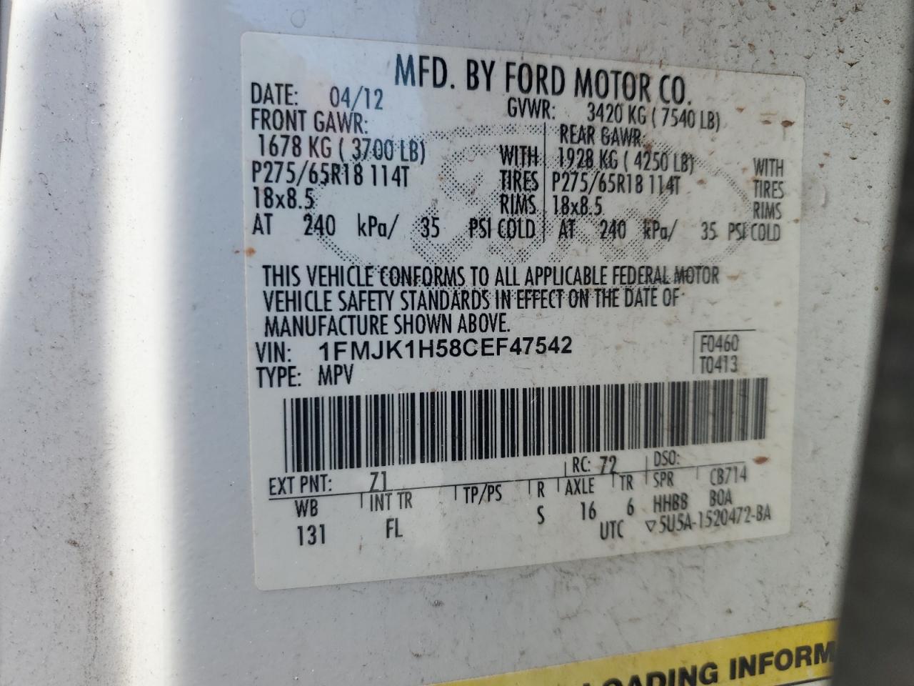 2012 Ford Expedition El Xlt VIN: 1FMJK1H58CEF47542 Lot: 64858815