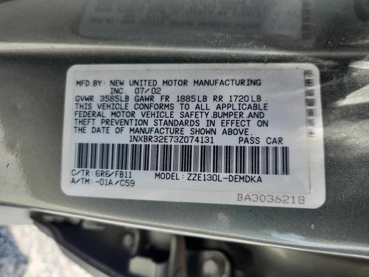 2003 Toyota Corolla Ce VIN: 1NXBR32E73Z074131 Lot: 64800665