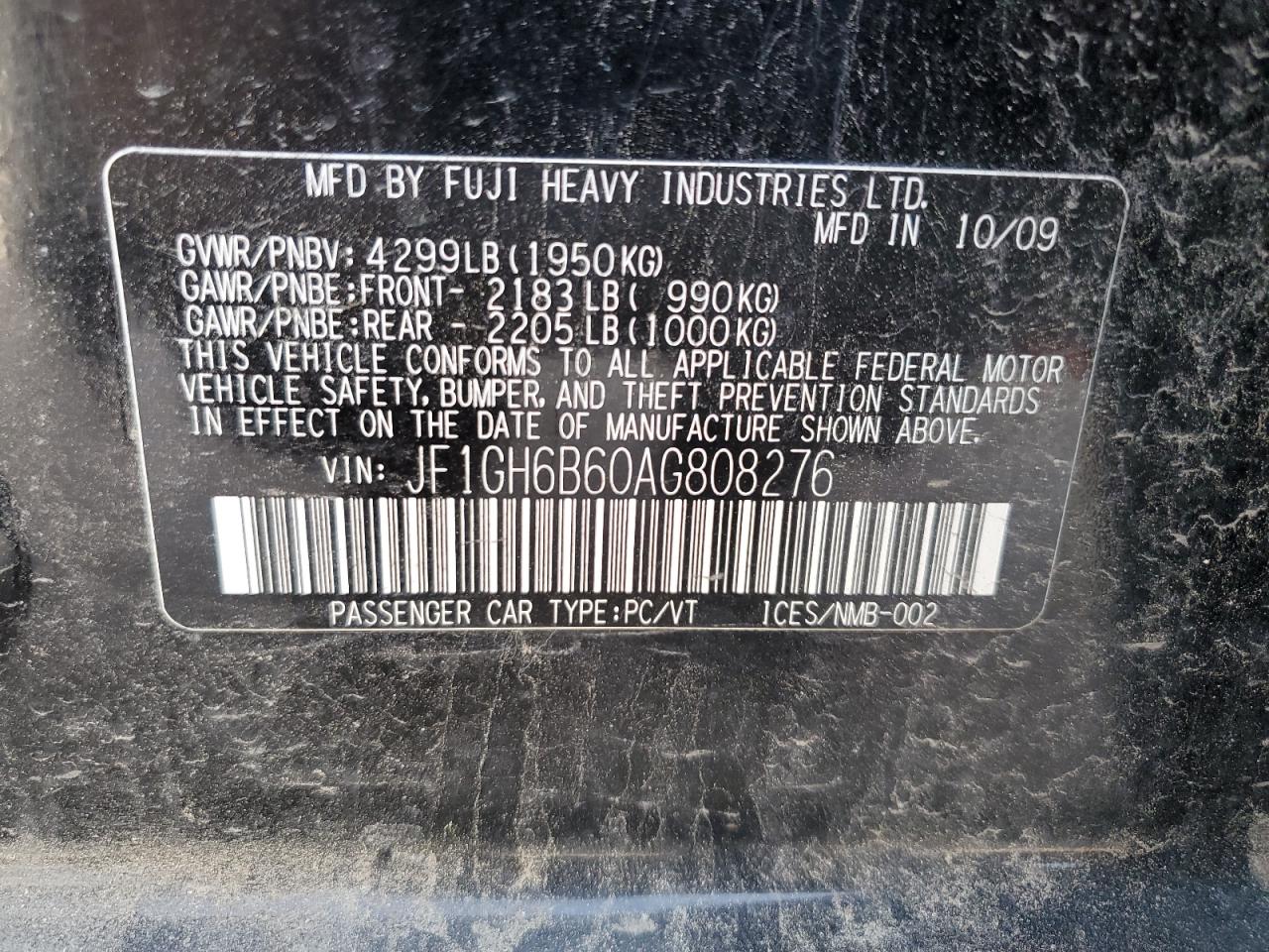 2010 Subaru Impreza 2.5I Premium VIN: JF1GH6B60AG808276 Lot: 66950075