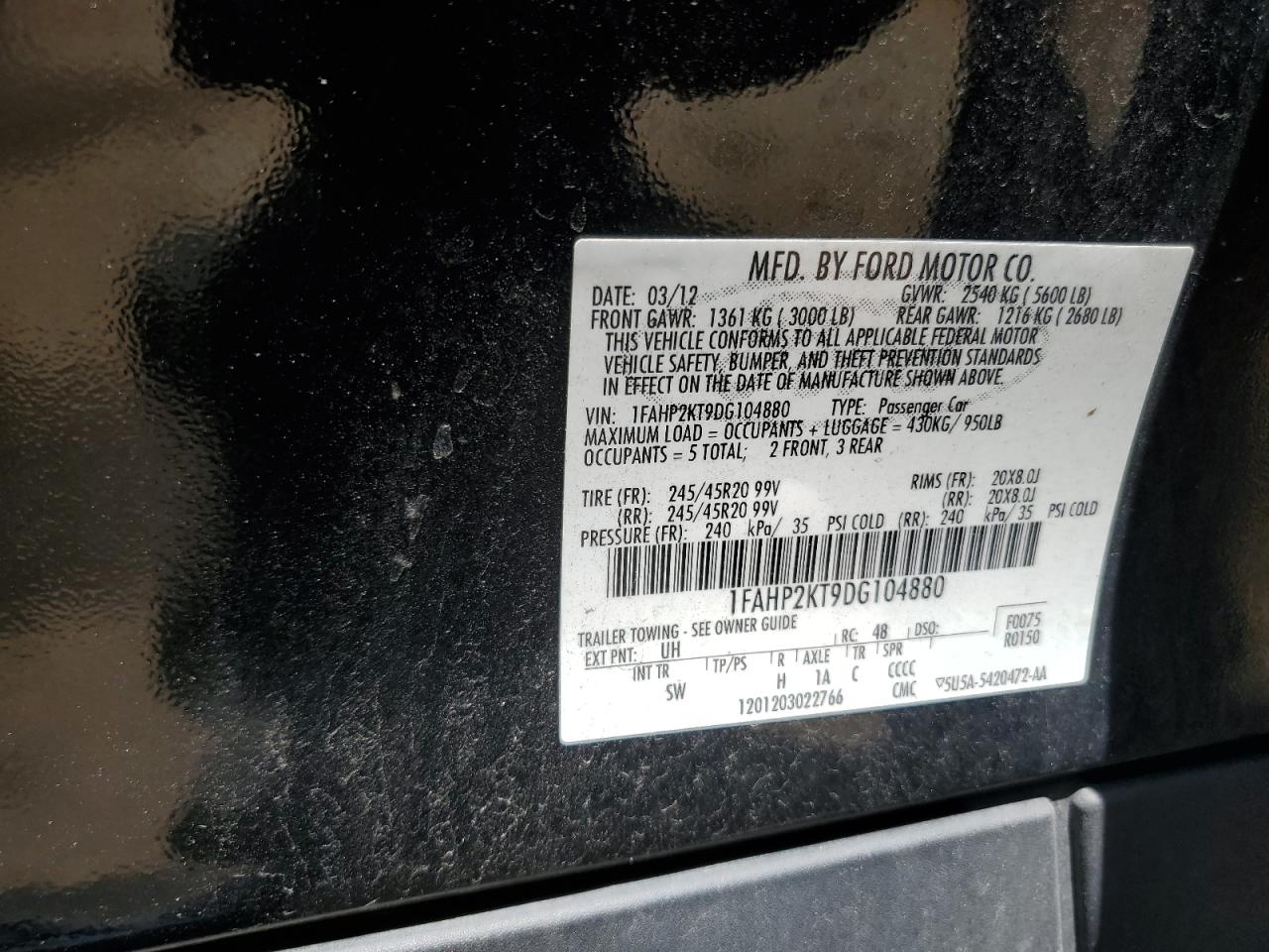 2013 Ford Taurus Sho VIN: 1FAHP2KT9DG104880 Lot: 63429755