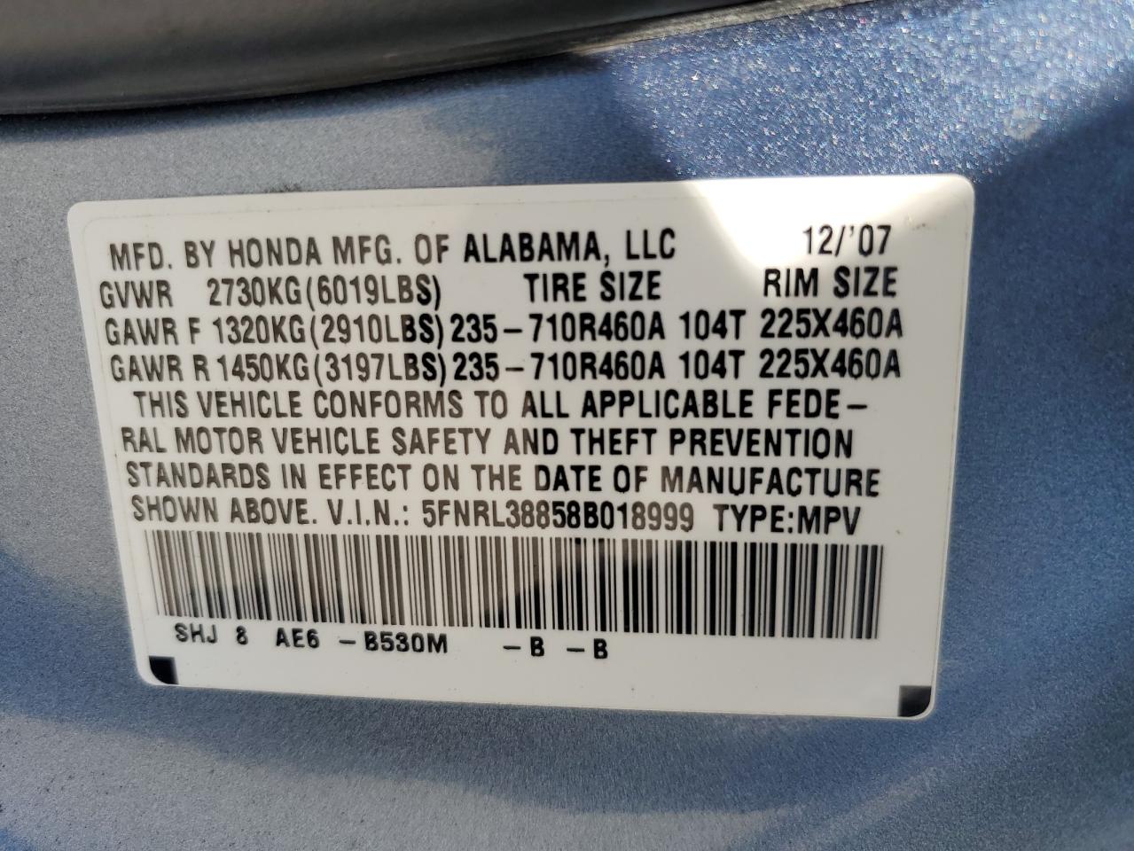 2008 Honda Odyssey Touring VIN: 5FNRL38858B018999 Lot: 64778885