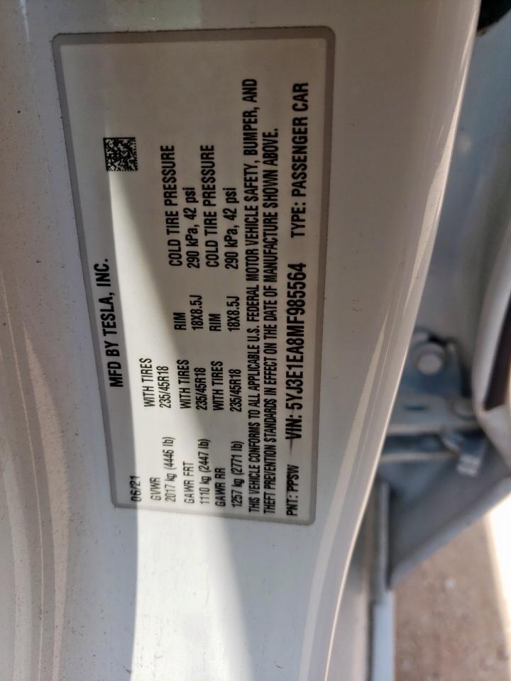 2021 Tesla Model 3 VIN: 5YJ3E1EA8MF985564 Lot: 64779655