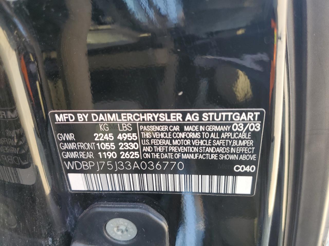 2003 Mercedes-Benz Cl 500 VIN: WDBPJ75J33A036770 Lot: 64776885