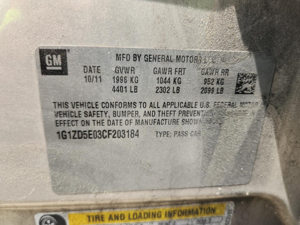 2012 Chevrolet Malibu 2Lt VIN: 1G1ZD5E03CF203184 Lot: 63323155