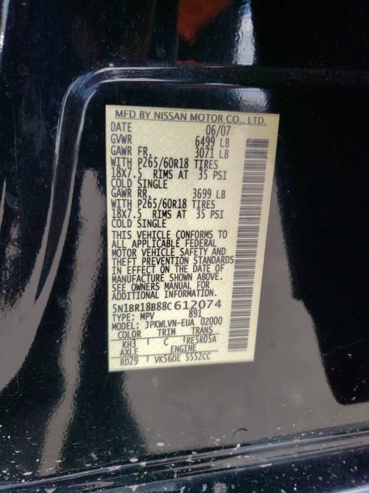 2008 Nissan Pathfinder Le VIN: 5N1BR18B88C612074 Lot: 62854385