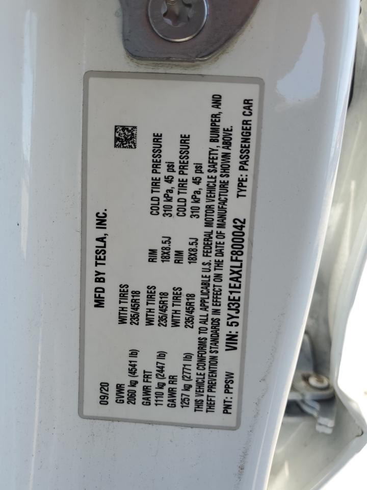 2020 Tesla Model 3 VIN: 5YJ3E1EAXLF800042 Lot: 64466875