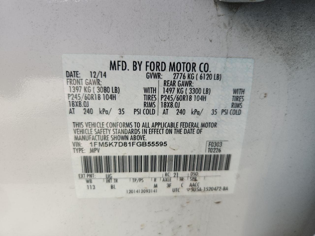 2015 Ford Explorer Xlt VIN: 1FM5K7D81FGB55595 Lot: 62476335