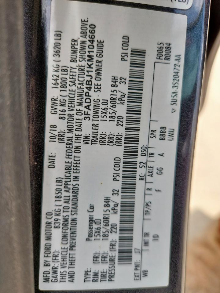 2019 Ford Fiesta Se VIN: 3FADP4BJ1KM104660 Lot: 64980845