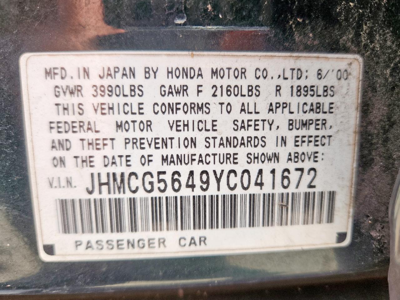 2000 Honda Accord Lx VIN: JHMCG5649YC041672 Lot: 65447405