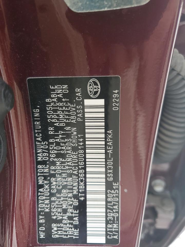 2006 Toyota Avalon Xl VIN: 4T1BK36B16U081441 Lot: 63802875